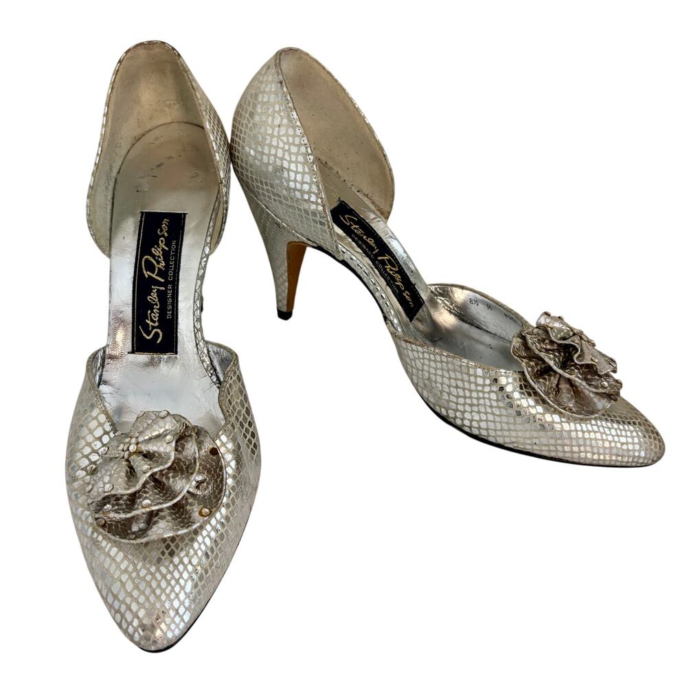 Vintage 70s Stanley Phillipson Designer Collection Couture Silver d'Orsay Pumps